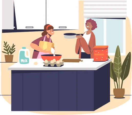 Mère et fille cuisinant à la maison dans la cuisine  Illustration