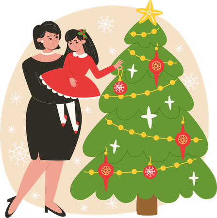 Mère et fille décorant le sapin de Noël  Illustration