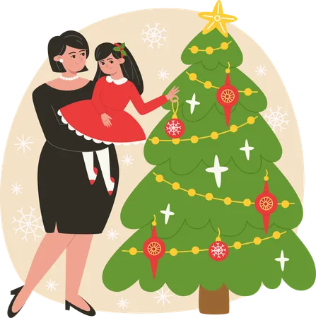 Mère et fille décorant le sapin de Noël  Illustration