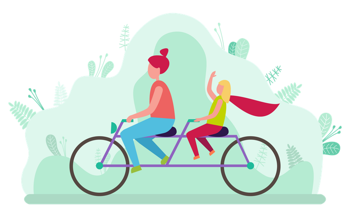 Mère et fille faisant du vélo double  Illustration