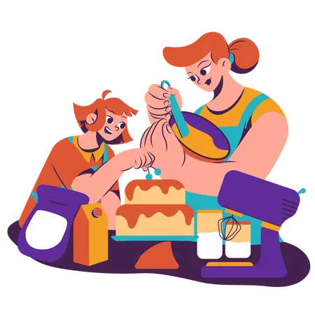Mère et fille préparant un gâteau ensemble  Illustration