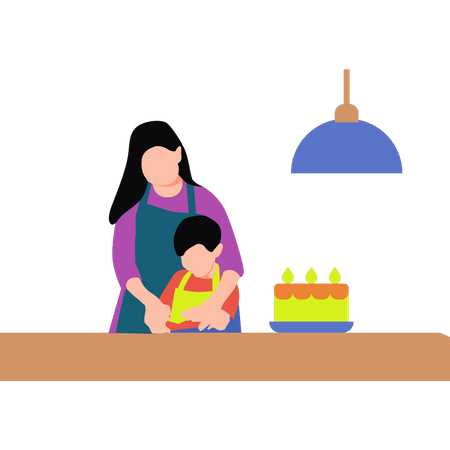 Mère et fille préparent un gâteau  Illustration