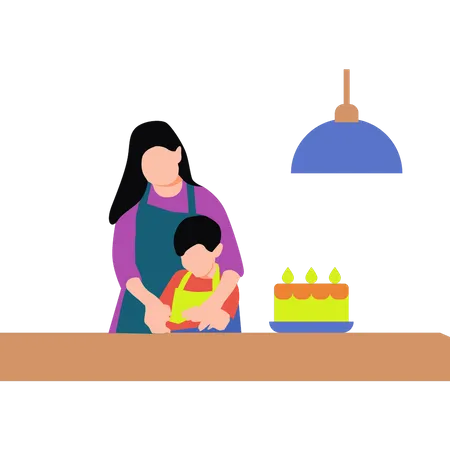 Mère et fille préparent un gâteau  Illustration