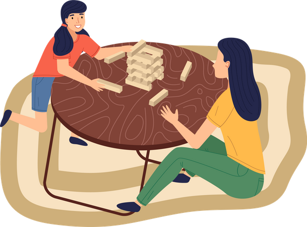 Mère et fille jouant au Jenga à la maison  Illustration