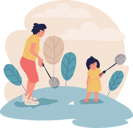 Mère et fille jouent au badminton  Illustration