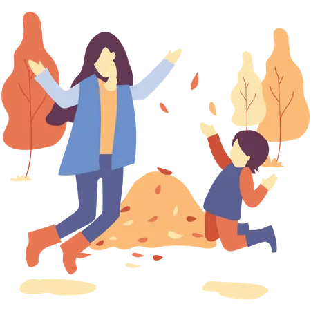 Mère et fille jouent avec les feuilles d'automne  Illustration