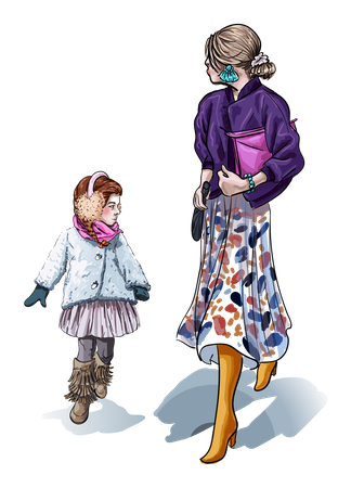 Mère et fille marchant ensemble  Illustration