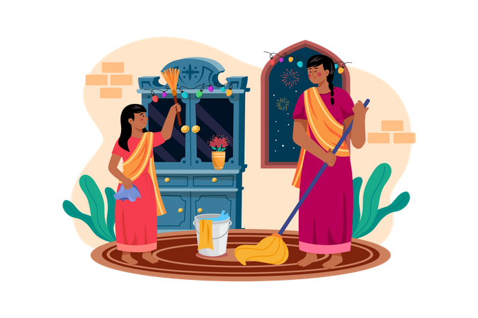 Mère et fille nettoyant la maison avant l'arrivée de Diwali  Illustration