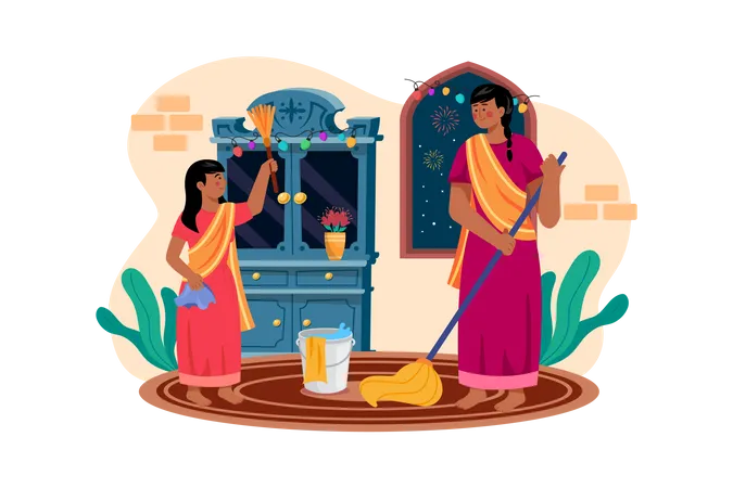 Mère et fille nettoyant la maison avant l'arrivée de Diwali  Illustration