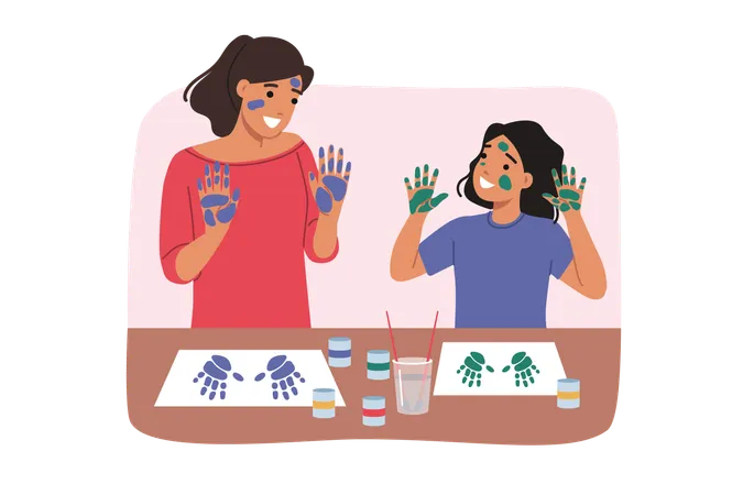 Mère et fille faisant de la peinture à la main  Illustration
