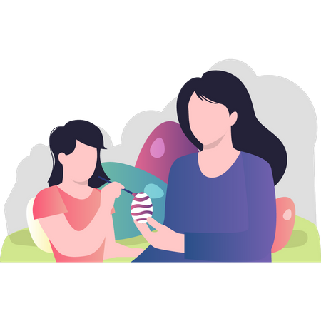Mère et fille peignant l’œuf de Pâques  Illustration