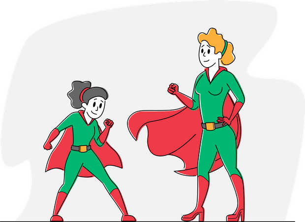 Mère et fille portant des costumes de super-héros posant et démontrant leur pouvoir  Illustration