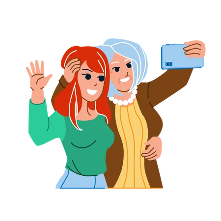 Mère et fille prennent un selfie  Illustration