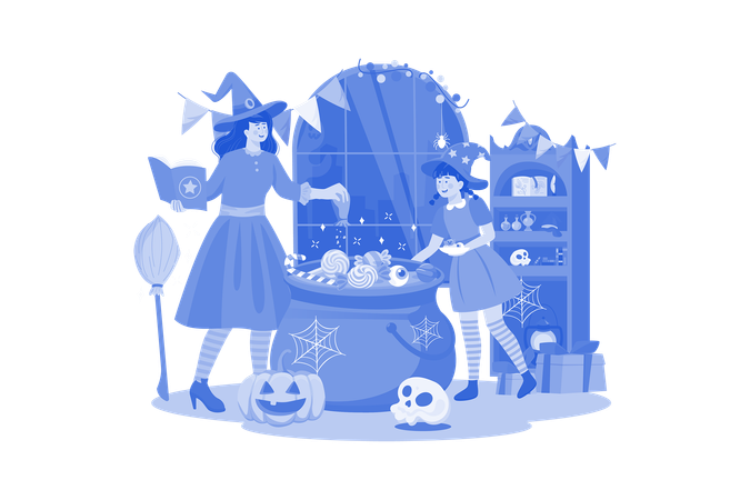 Mère et fille préparent à manger pour la fête d'Halloween  Illustration