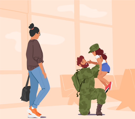 Mère et fille retrouvent leur père soldat en uniforme  Illustration