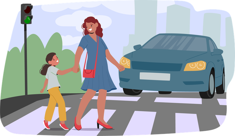 Une mère et sa fille se tenant la main tout en traversant une rue en toute sécurité au passage piéton  Illustration