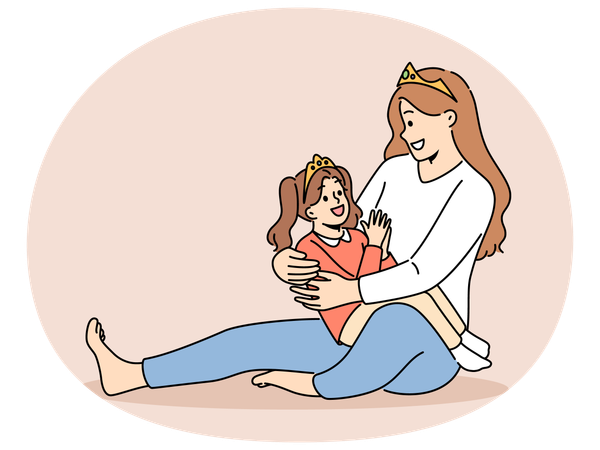 Mère et fille souriantes portant des couronnes de princesse  Illustration