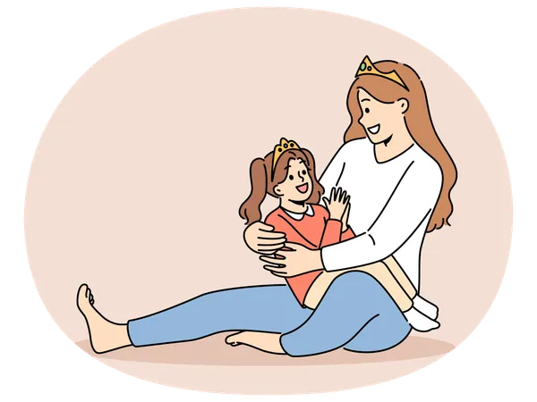 Mère et fille souriantes portant des couronnes de princesse  Illustration