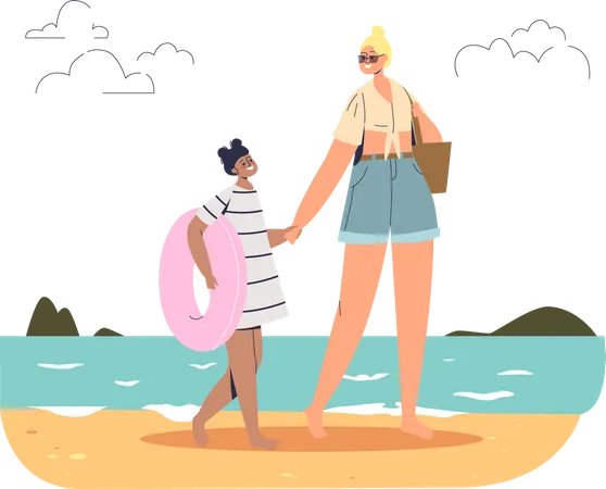 Mère et fille sur la plage  Illustration