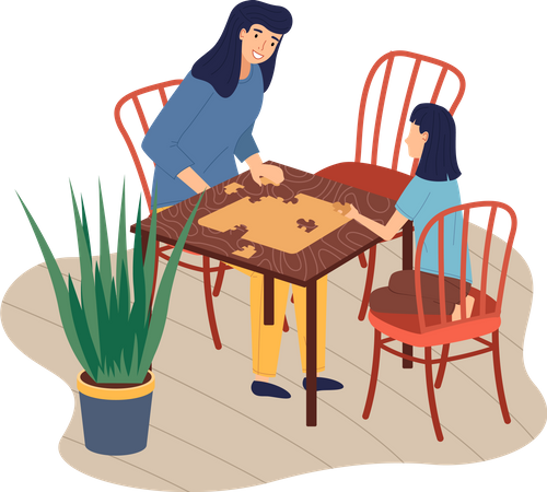 Mère et fille jouant à un jeu de logique sur table  Illustration