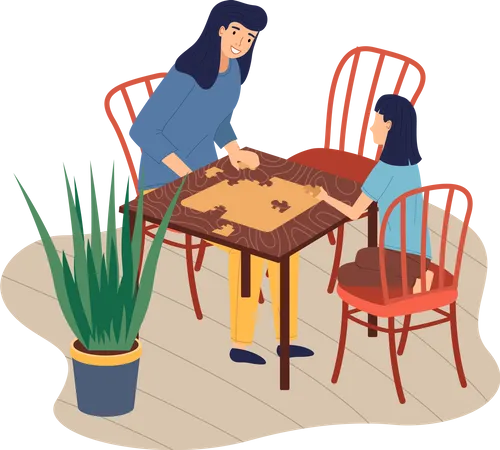 Mère et fille jouant à un jeu de logique sur table  Illustration