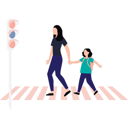 Mère et fille traversent la route  Illustration