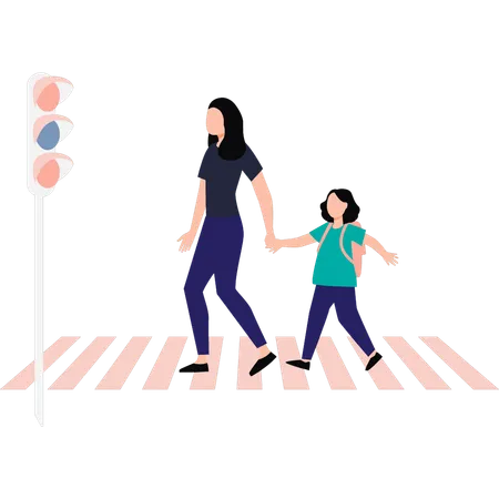 Mère et fille traversent la route  Illustration