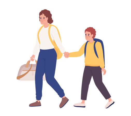 Mère et fils avec bagages partant précipitamment  Illustration