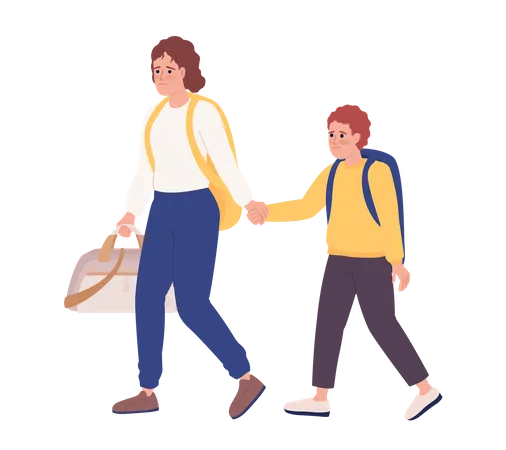 Mère et fils avec bagages partant précipitamment  Illustration