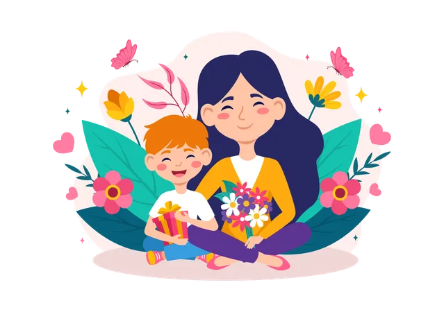 Mère et fils avec fleur et cadeau  Illustration