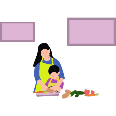 Mère et fils coupant des légumes  Illustration