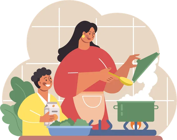 Mère et fils cuisinant de la nourriture  Illustration