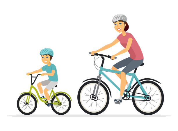 Mère et fils faisant du vélo  Illustration