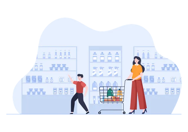 Mère et fils faisant du shopping au marché  Illustration