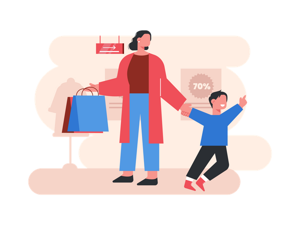 Mère et fils faisant du shopping  Illustration