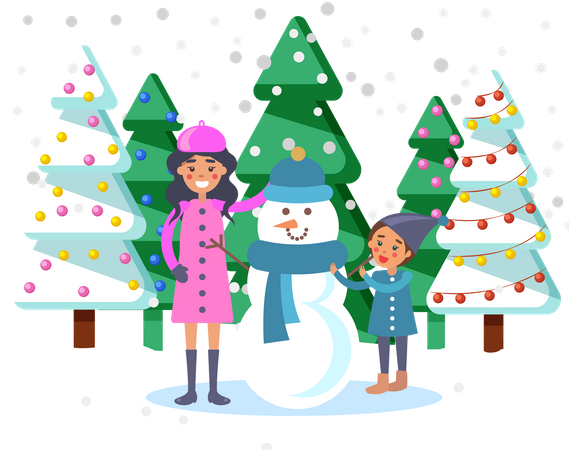 Mère et fils faisant un bonhomme de neige  Illustration