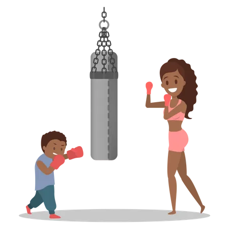 Mère et fils habillés en boxe sportswear  Illustration