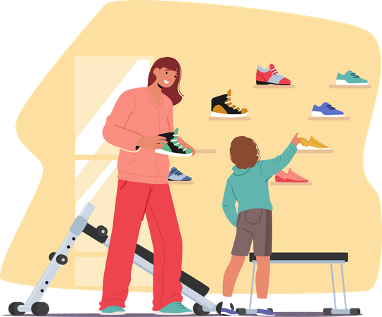 Heureuse mère et fils choisissant de nouvelles baskets dans un magasin d'articles de sport  Illustration