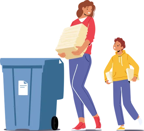 Mère et fils jettent leurs déchets dans des conteneurs  Illustration