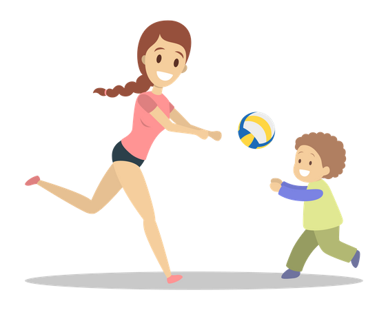 Mère et fils jouent au volley-ball  Illustration