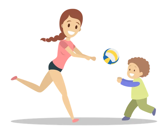 Mère et fils jouent au volley-ball  Illustration