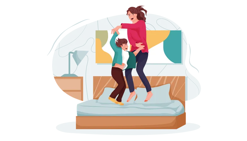 Mère et fils sautant sur le lit  Illustration