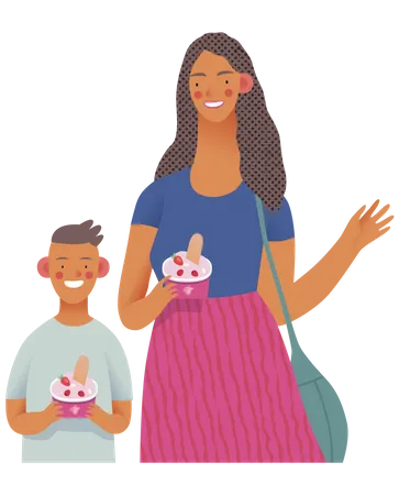 Mère et fils tenant du yaourt glacé  Illustration