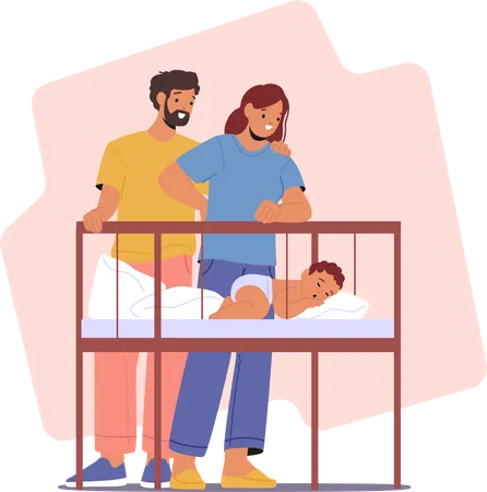 Mère et père observant leur bébé endormi paisiblement  Illustration