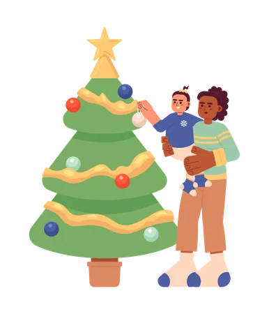 Mère et petite fille décorant le sapin de Noël  Illustration