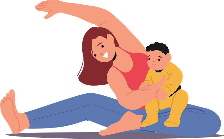 Une mère fait des exercices d'étirement tout en tenant son bébé  Illustration