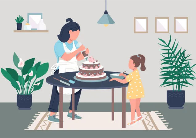 Mère faisant de la pâtisserie avec sa fille  Illustration