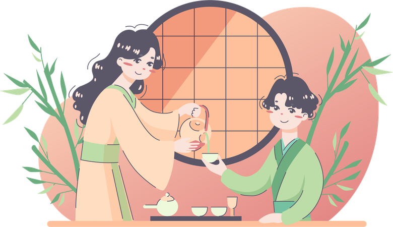 Mère japonaise donnant du thé à son fils  Illustration