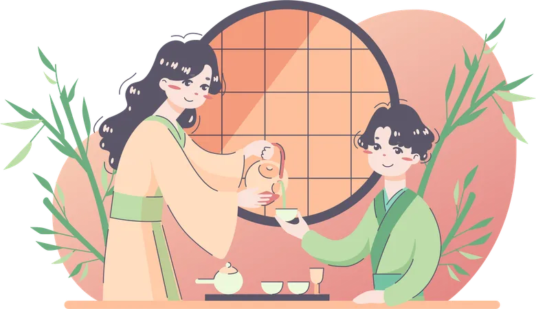 Mère japonaise donnant du thé à son fils  Illustration