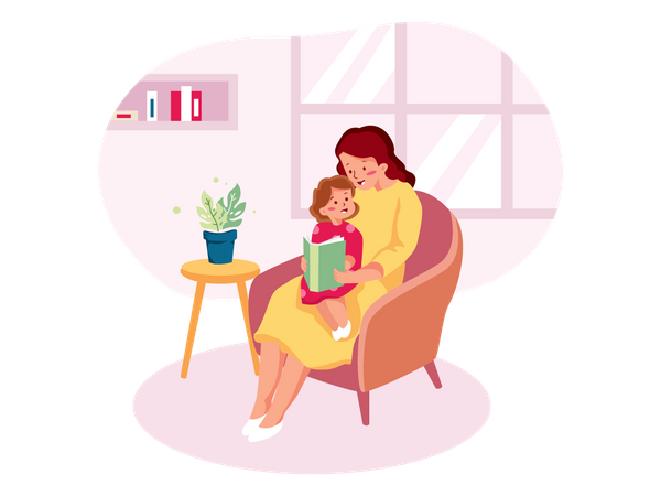 Mère lisant un livre de conte de fées à une petite fille à la maison  Illustration